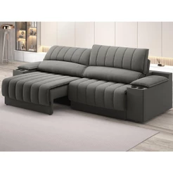 Sofá com Porta Copos Carregador USB Ret Rec Murano 2,00m Velosuede Cinza - NETSOFAS