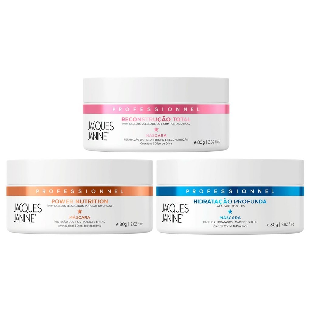 Kit Jacques Janine 3 Máscaras Tratamento Creme Cronograma Hidratação Nutrição Reconstrução 80g
