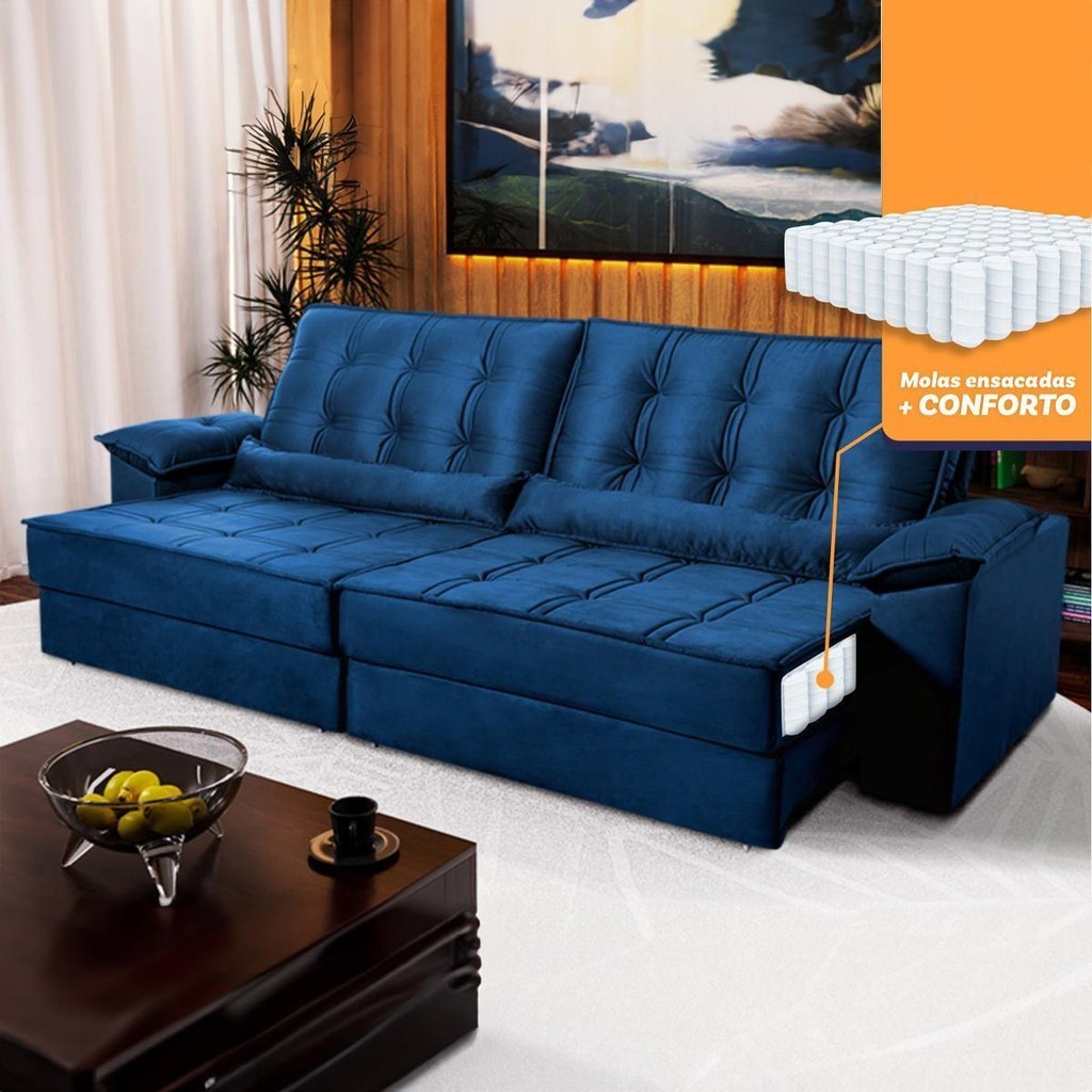 Sofá Retrátil Reclinável 3,00m Ascari Suede Velut Azul Marinho molas Ensacadas - King House em Oferta na Shopee