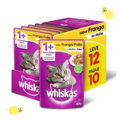 Kit 12 Sachês Whiskas Gatos Adultos Alimento Úmido Sabor Frango Ao Molho 85g Cat
