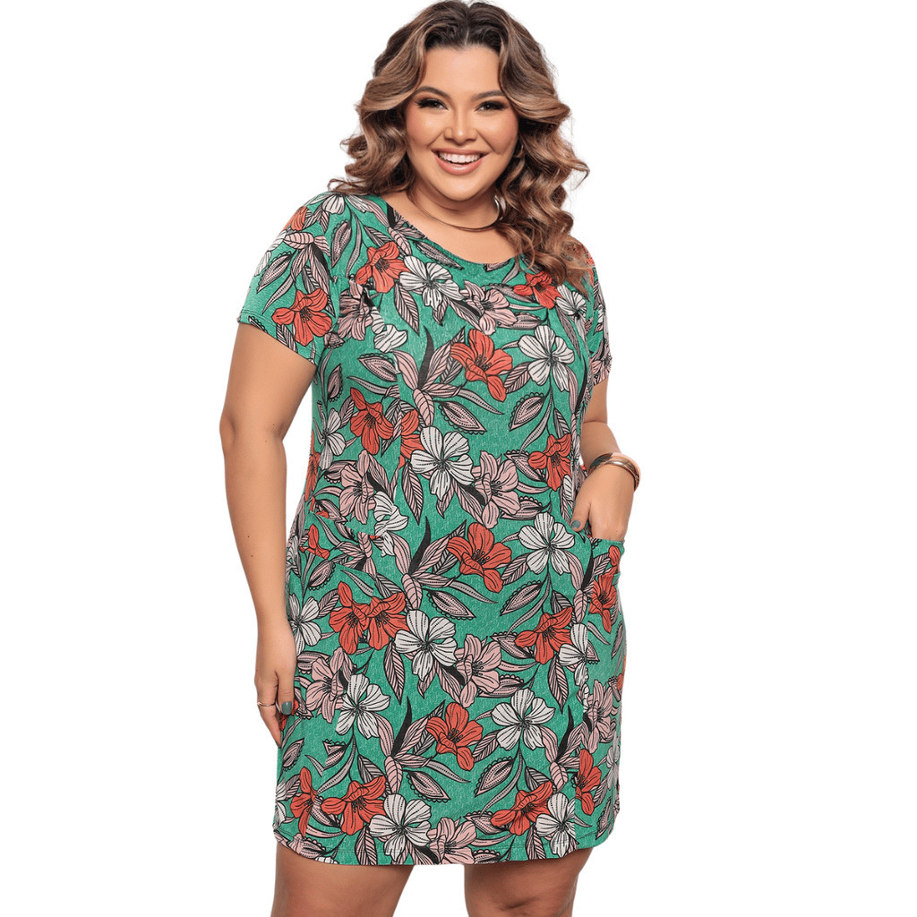 Vestido Plus Size Básico com Bolso Estampado Versátil
