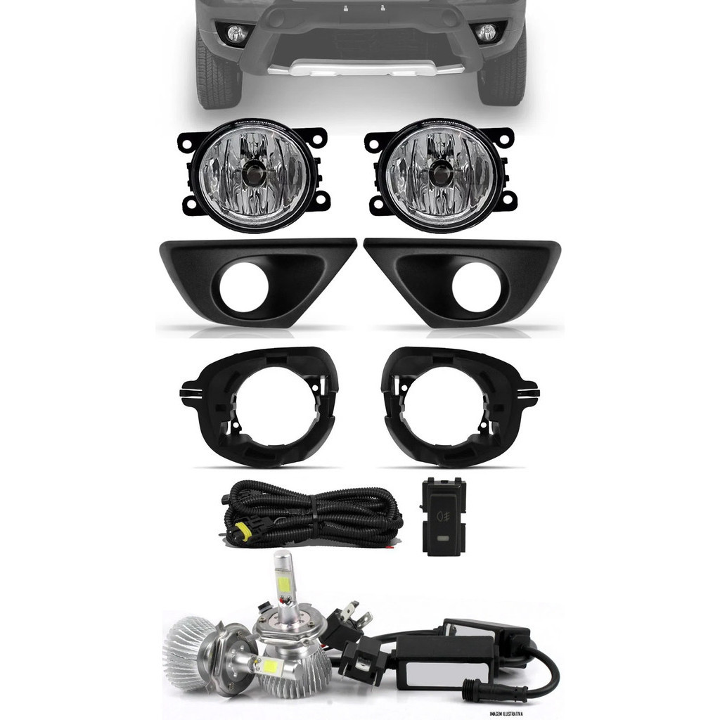 Kit Farol de Milha Renault Duster 2015 á 2019 + Moldura e Base Para Fixação - Botão Painel + Kit Lâmpada Super LED 6000K