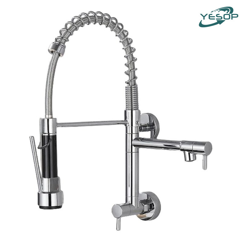 Torneira Cozinha Gourmet De Parede Com Bica Giratória Dupla Cor Prata Brilhante Yesop - Home & Living
