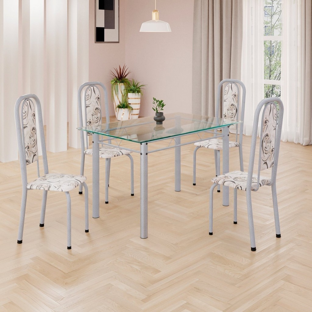 Conjunto de Mesa Retangular a 120x75cm Tampo de Vidro 4 Cadeiras Lavínea