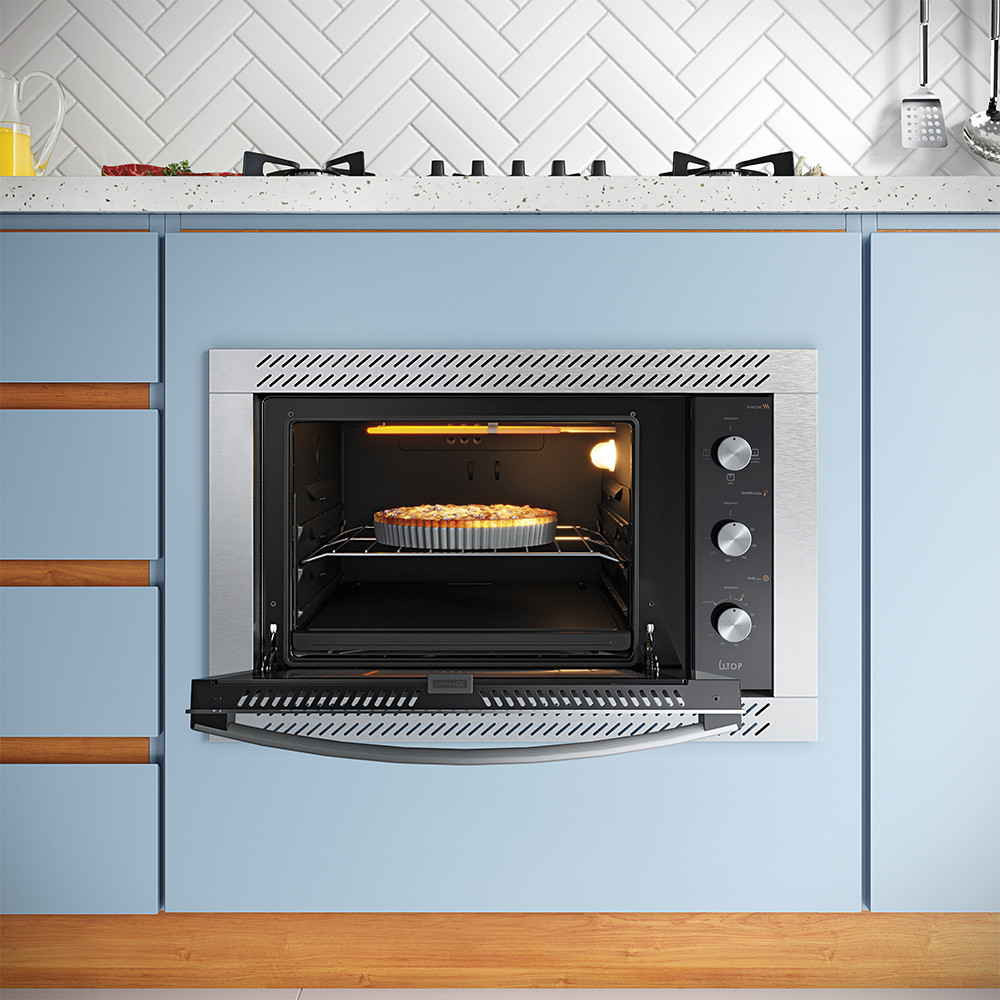 Detalhes do Forno Elétrico de Embutir 44 Litros Atlas U.Top com Limpa Fácil e Moldura em Aço Inox Preto 110V