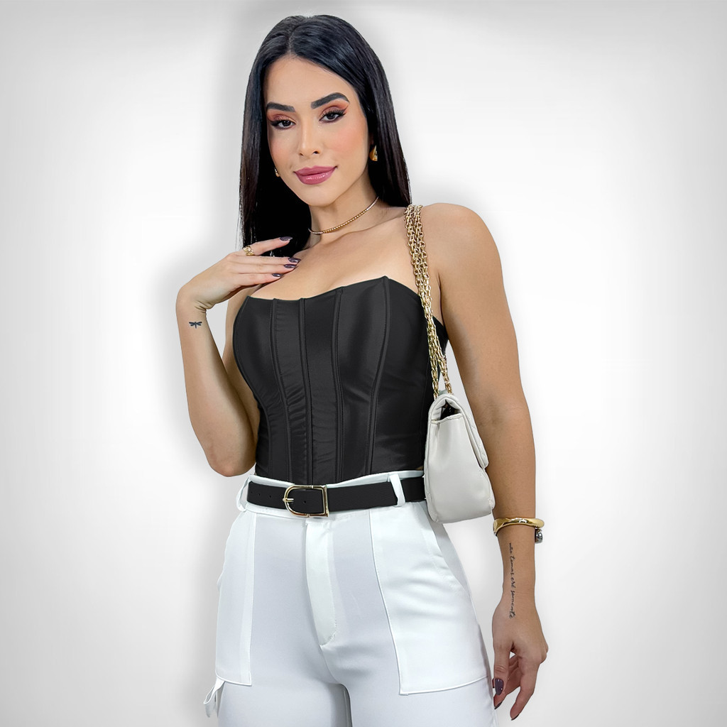 Cropped Corset Feminino Bico Acetinado Luxo Amarração Top em Oferta na Shopee