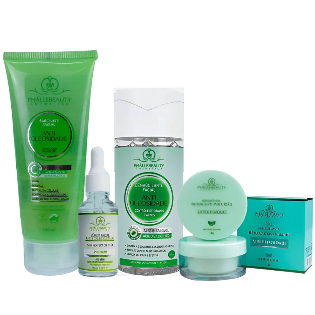 Kit Anti Oleosidade Sabonete + Sérum + Gel Hidratante + Demaquilante Phallebeauty