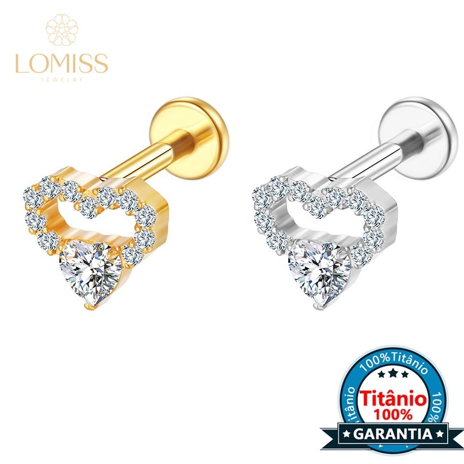 Piercing Orelha Tragus Conch Labret Titânio Coração Zircônia Cravejada