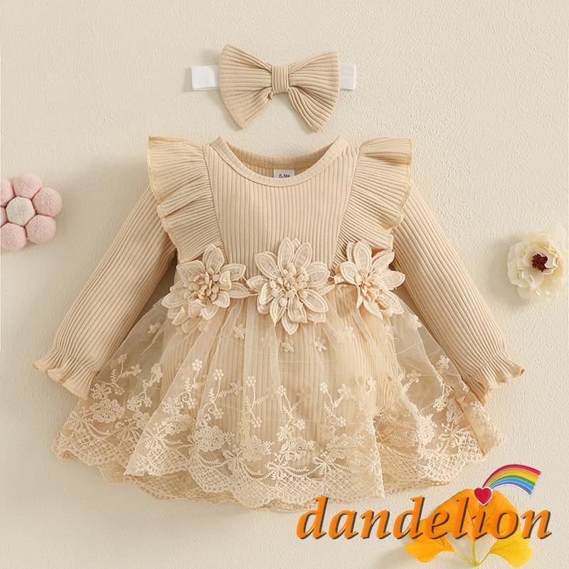 Macacão Canelado De Manga Comprida Com Babados E Flores 3D Para Bebês Meninas + Faixa De Cabeça Laço