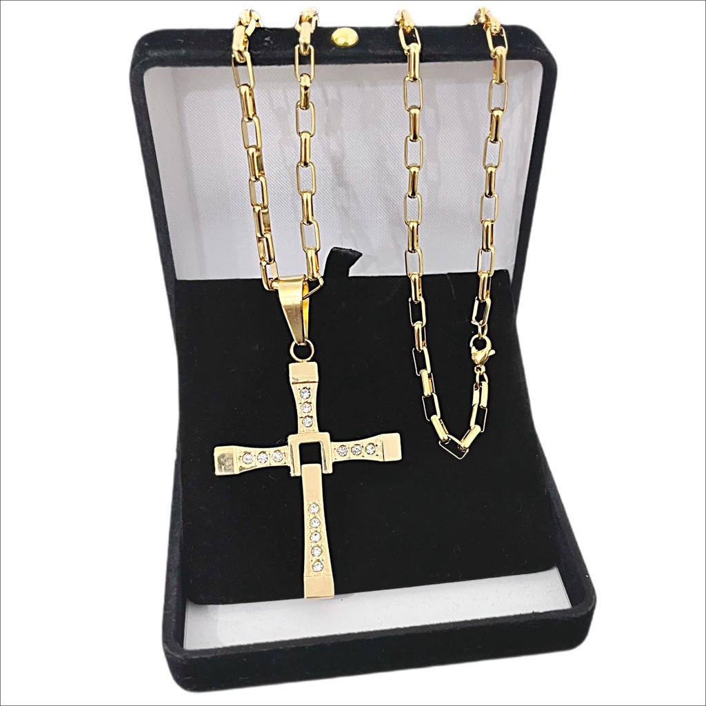 Corrente Colar Masculino Tijolinho 3mm 70cm + Pingente Cruz Toretto Banhado a Ouro