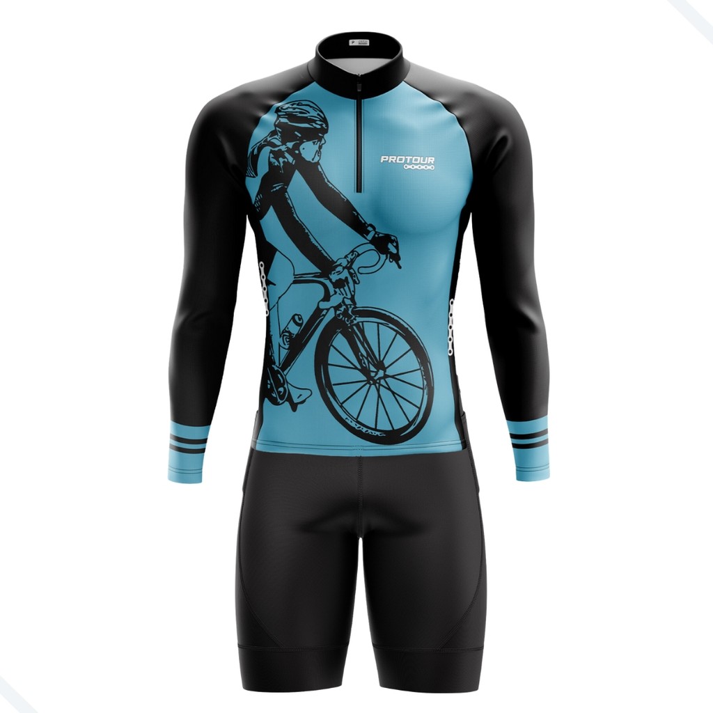 CONJUNTO CICLISMO MASCULINO BERMUDA E CAMISA MANGA LONGA PRO TOUR AZUL UV 50+