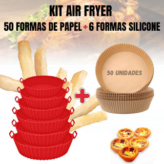 Kit 50 Formas de Papel Airfryer + 6 Formas Silicone Tamanhos Variados Microondas Forno Lavável com Alça