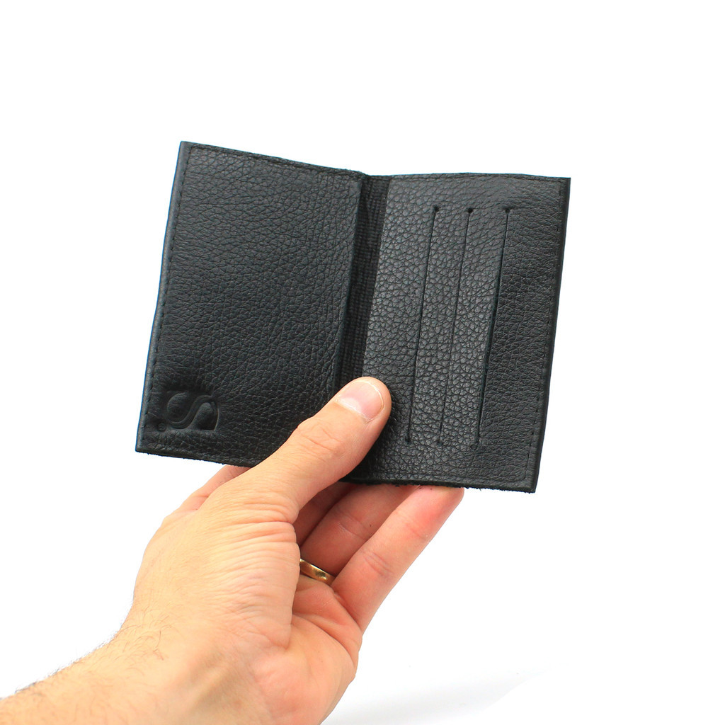 Carteira Porta Cartão Em Couro Legitimo Preta Pequena Masculina Fina Slim Documentos CNH Cédulas