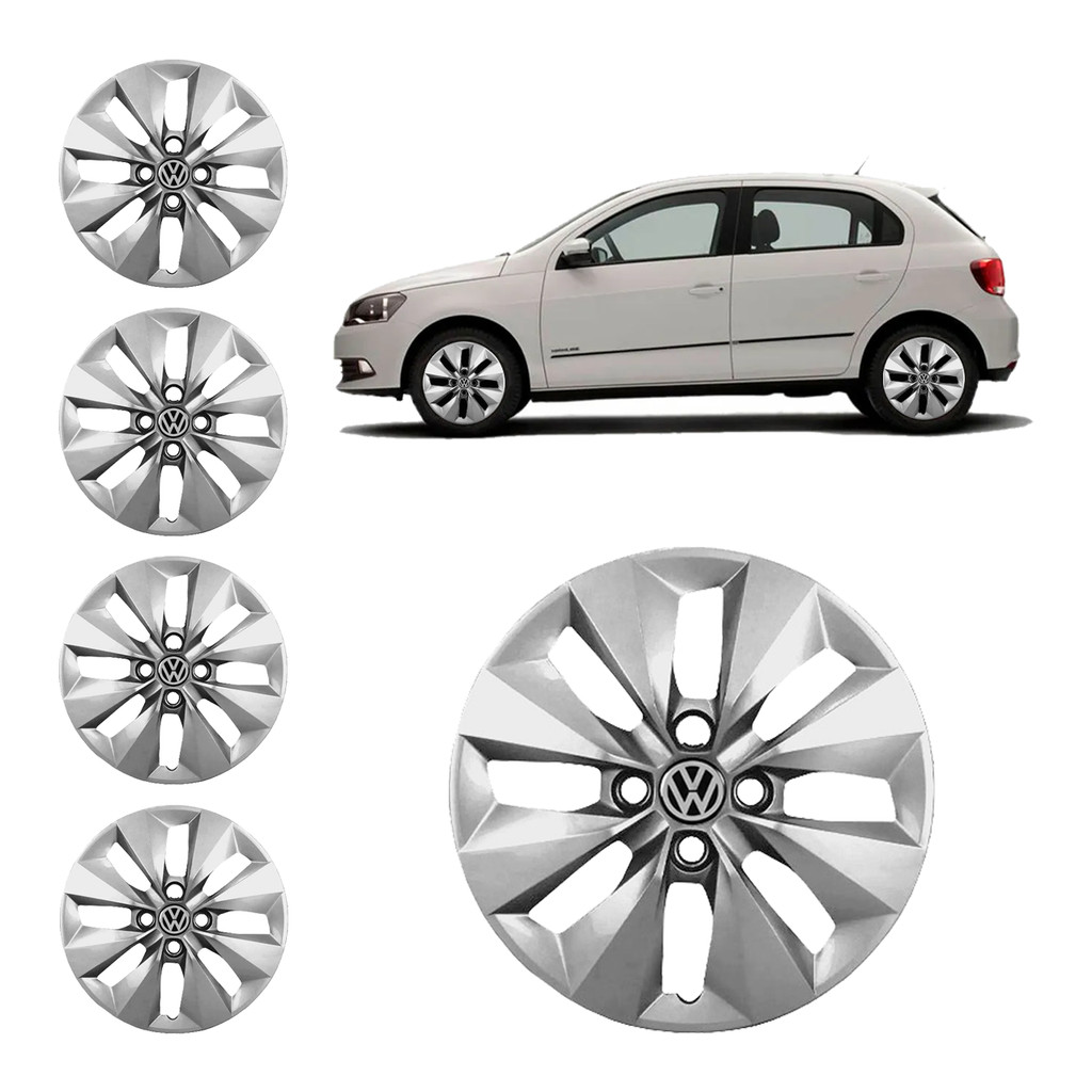 Jogo 4x Calota Gol G5 G6 2012 2013 2014 2015 2016 Aro 14 PRATA + Emblema Vw Resinado Alto Colante