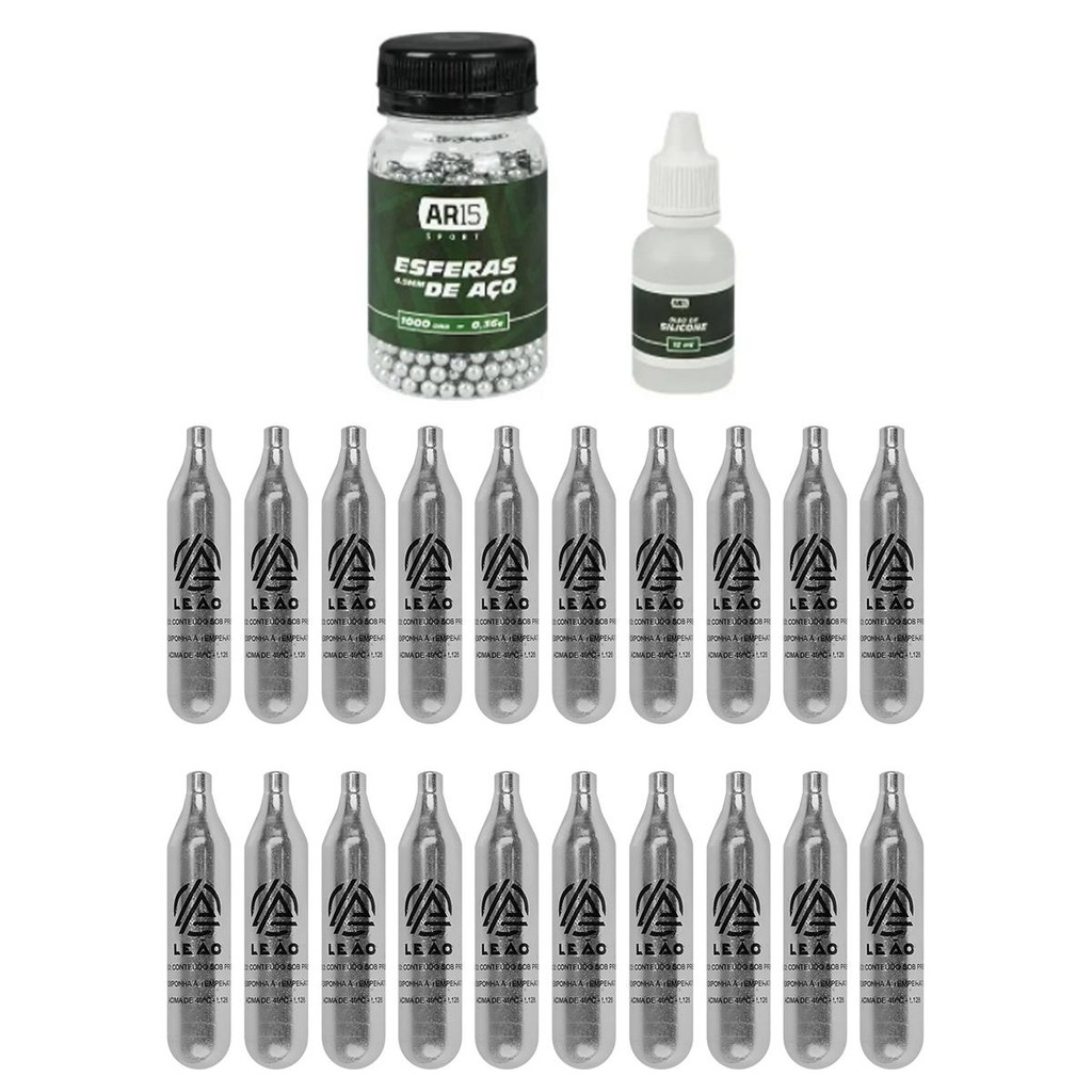 20 Co2 Leão 12g +1000 Esferas de Aço 4.5mm +Óleo de silicone em Oferta na Shopee