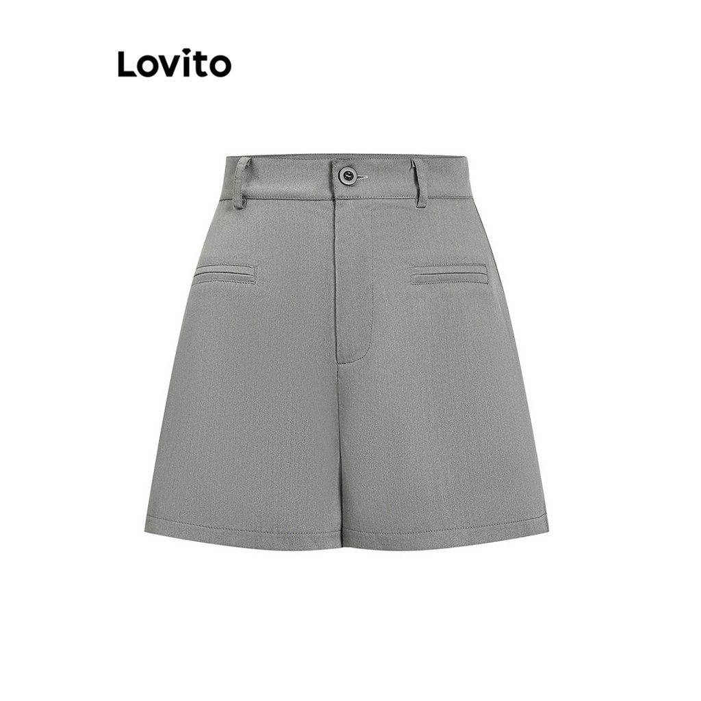 (Trendy) Lovito Shorts Casuais Lisos Plissados Com Bolso Falso Para Mulheres LNE57601 - Women Clothes