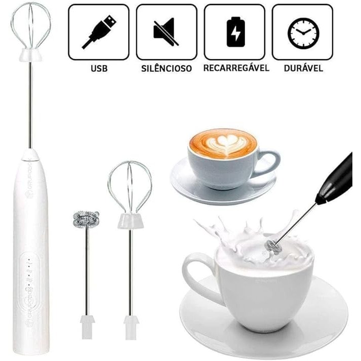 Mini Mixer Elétrico Portátil, Batedor de Leite para Café, Bebidas e Cappuccino, Branco