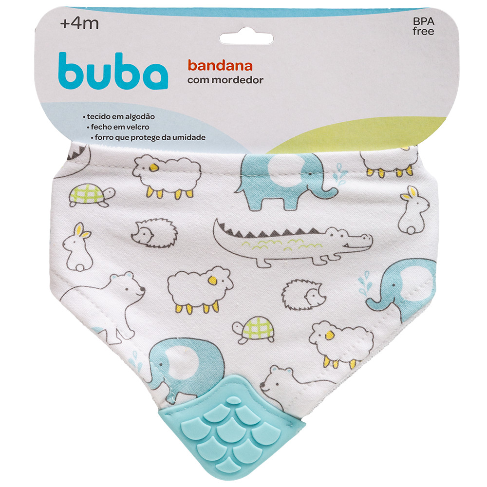 Bandana Babador Com Mordedor Massageador Dentes Gengiva Algodão Infantil Bebe Azul Menino Buba