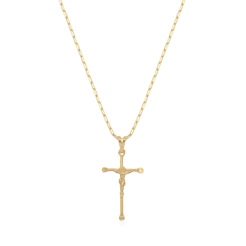 Corrente Banhado a Ouro 18k Elo Cadeado 60 cm com Pingente Banhado a Ouro 18k Crucifixo com Jesus