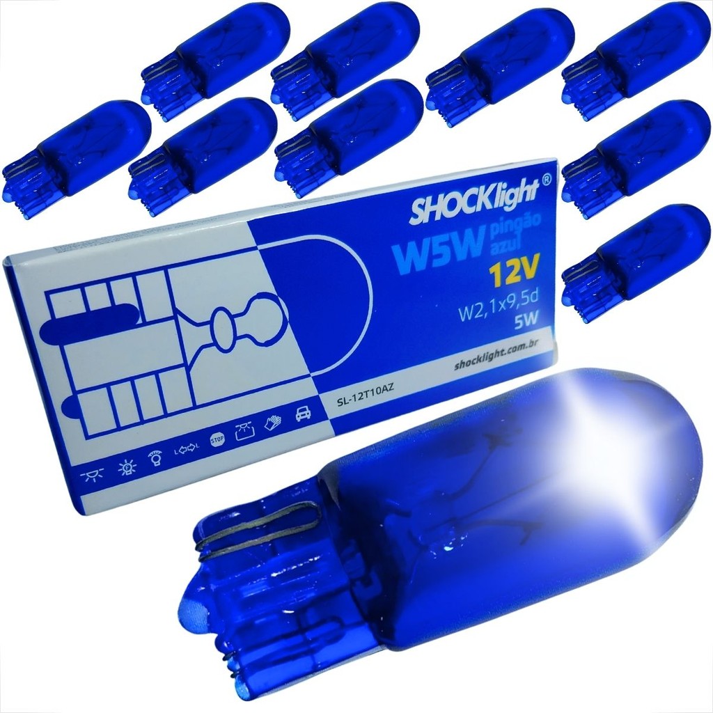 KIT 10 LÂMPADAS T10 PINGÃO BLUE SHOCKLIGHT HALOGENA AZUL 12V W2,1 X 9,5D PINGAO