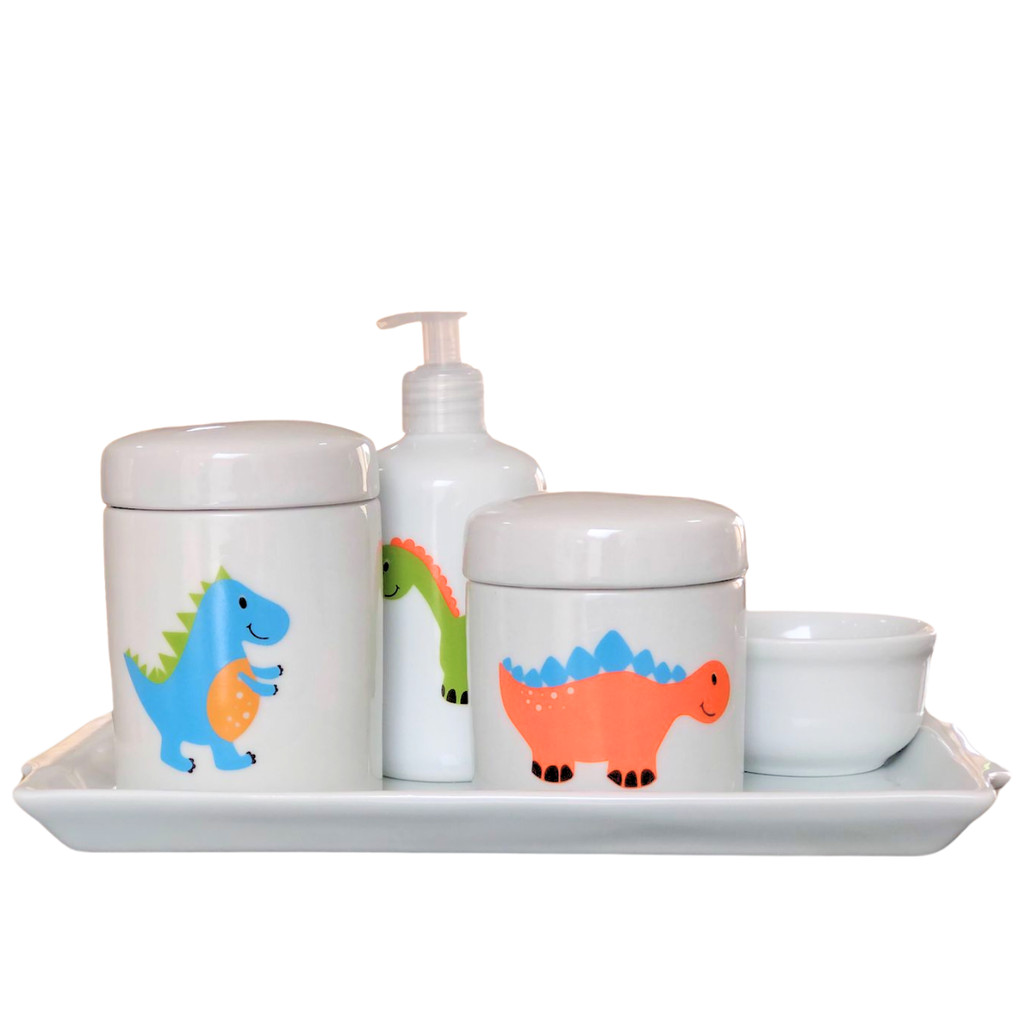 Kit higiene bebê Dinossauro 5 peças - Bandeja, potes, porta álcool e molhadeira - Tudo Porcelana