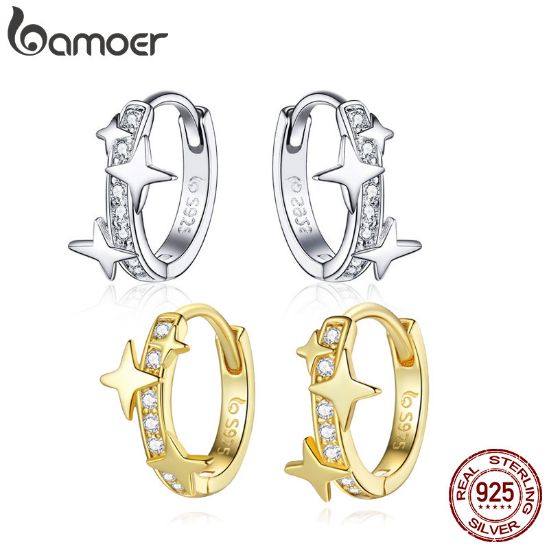 Bamoer 925 Sterling Silver Star Earbuckles Com Duas Cores Presentes De Aniversário Para Mulheres BSE076