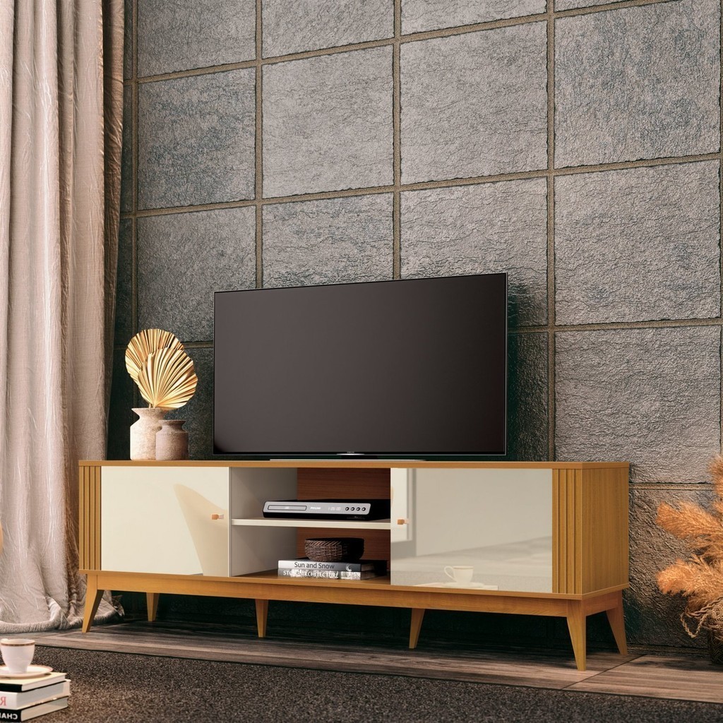 Rack Ripado para TV até 60 Polegadas Legacy com pés em madeira maciça. Off White/Cedro Natural em Oferta na Shopee