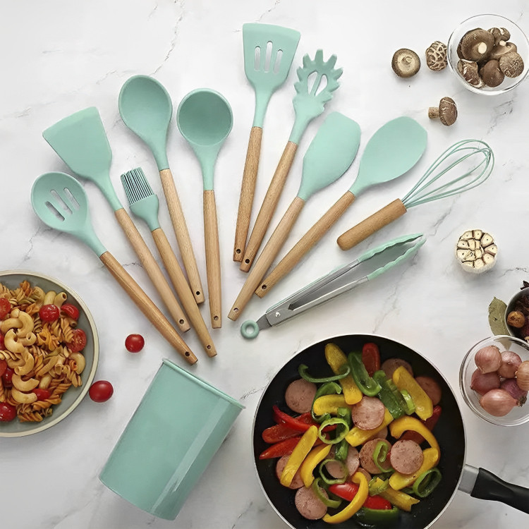 Jogo de Cozinha Kit C/12 Peças de Silicone, Utensílios e Copo Suporte Para Cozinha Cabo de Madeira