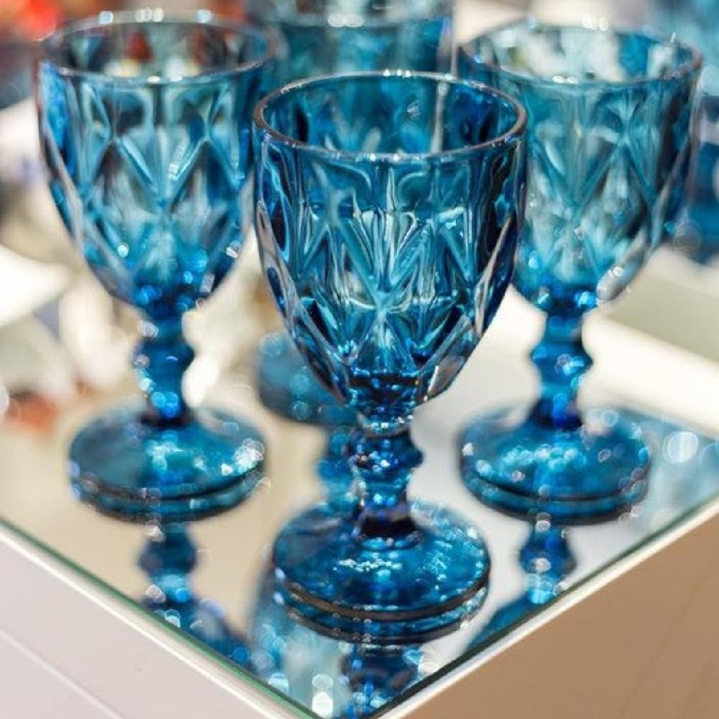 Jogo Copo Taça Vidro Diamante Azul Para Agua 300ml - 4un em Oferta na Shopee