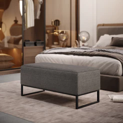 Puff Decorativo Para Sala de Estar Cléo W01 Base de Ferro 90 cm Linho Cinza Escuro - Lyam Decor