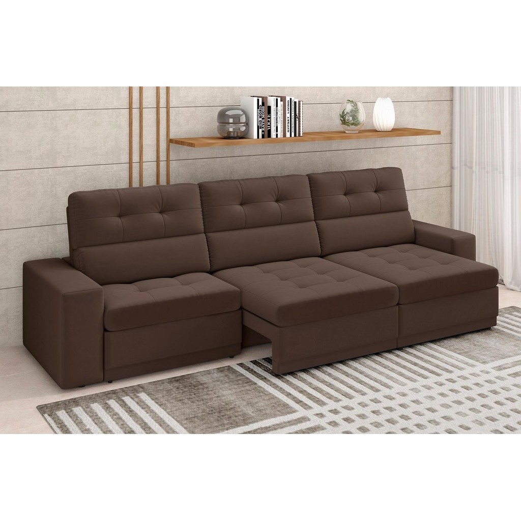 Sofá Roma Premium 2,30m Assento Retrátil/Reclinável Suede Marrom XFlex Sofás
