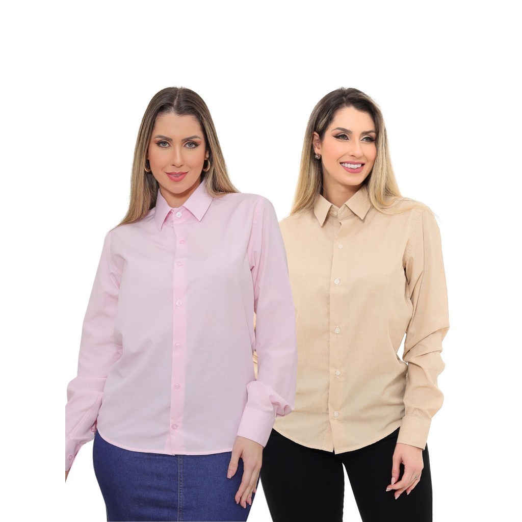 KIT Feminino 2 Peças - Camisa Social Premium Tipo Linho Bege e Camisa Social Slim Rosa
