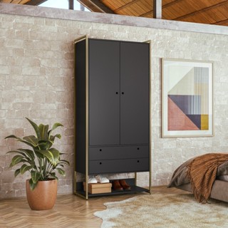 Guarda Roupa Closet Estilo Industrial Moderno Quarto cabideiro 2 Portas 2 Gav Preto - Olivar Móveis em Oferta na Shopee