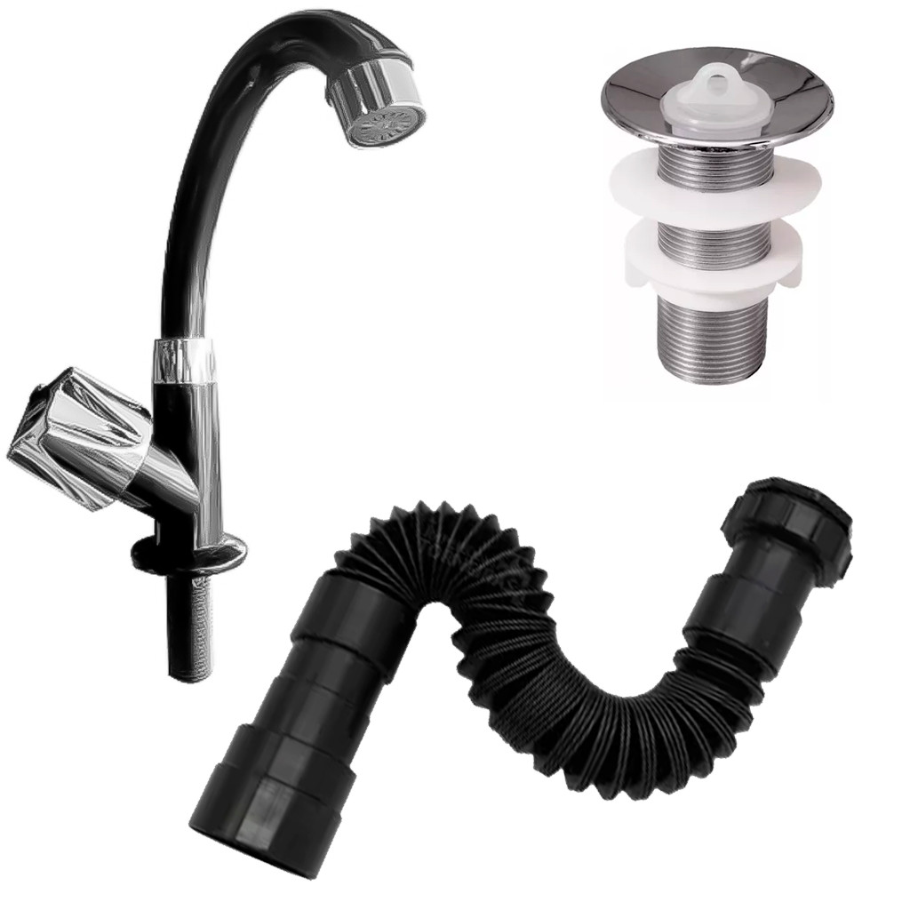 Kit Para Cuba Lavatório Torneira Pia De Banheiro Preta ABS + Válvula 7/8 Cromada + Tubo Sifão - Home & Living