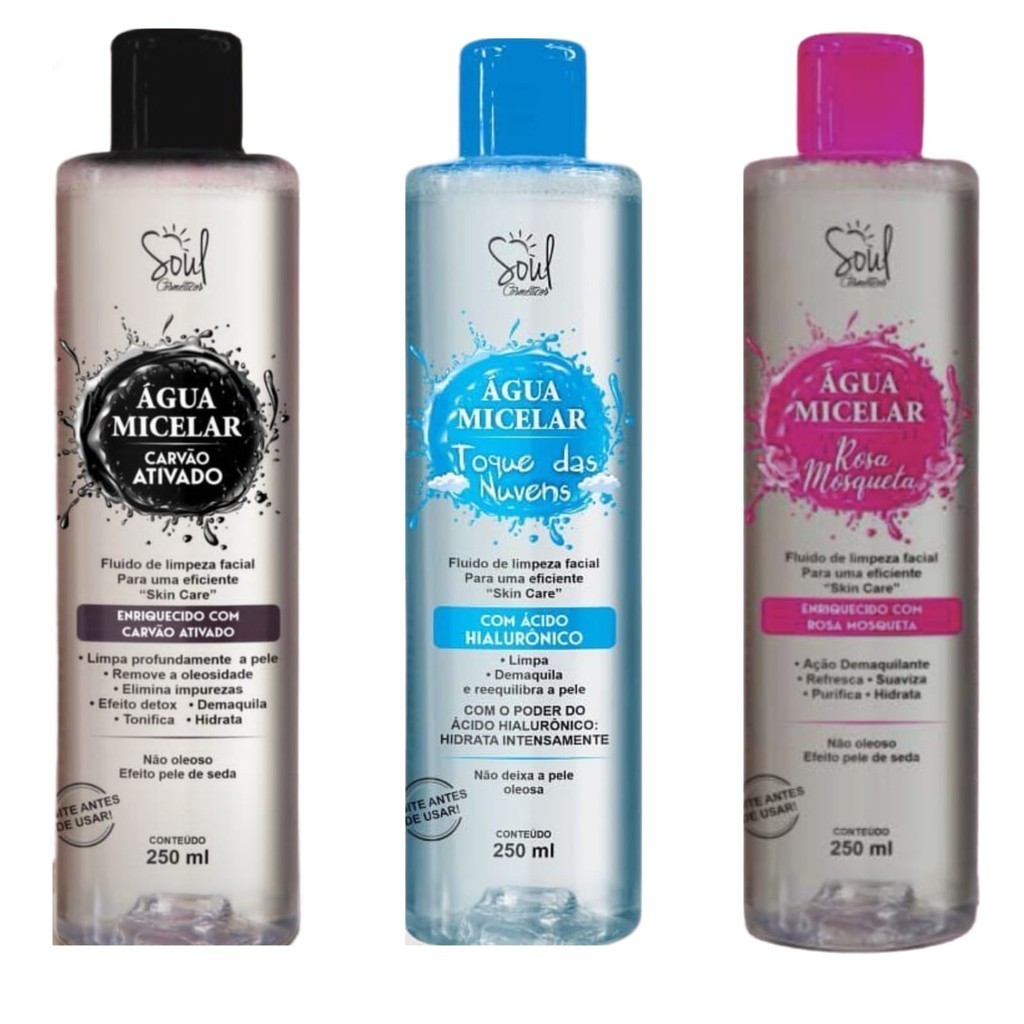 Kit com 3 Água Micelar diversas  250ml - Soul Cosméticos