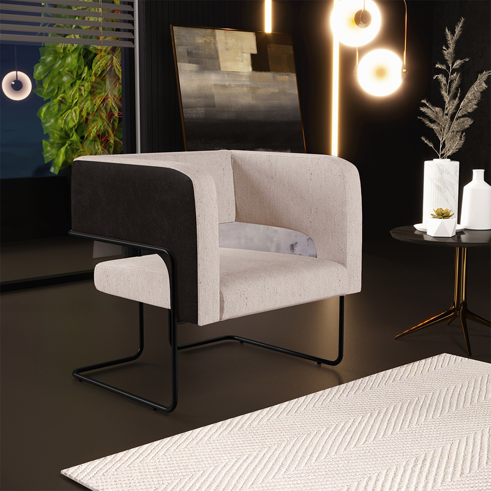 Poltrona Decorativa Scarlett D02 Base Aço Preto Corano Preto C-05 Linho Bege C-107 - Lyam Decor em Oferta na Shopee
