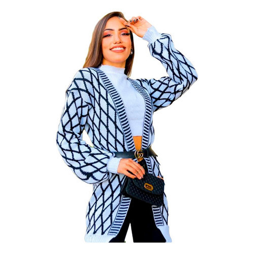 Cardigan Longo Tricot Kimono Manga Bufante Casaco Losango