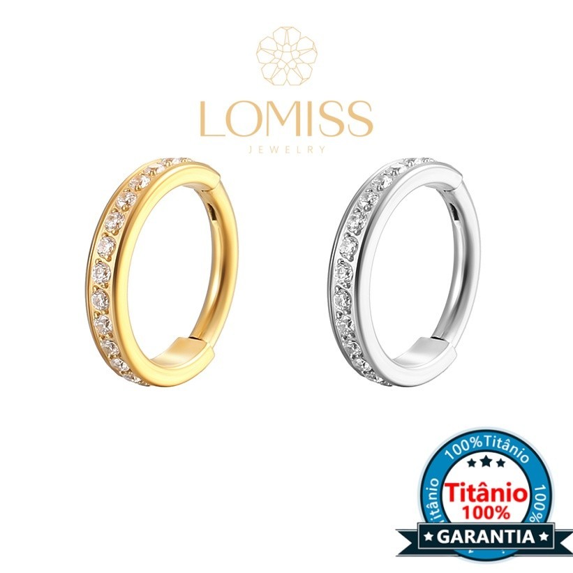【LOMISS】Piercing Orelha Argola Clik Titânio PVD Zircônia Cravejada