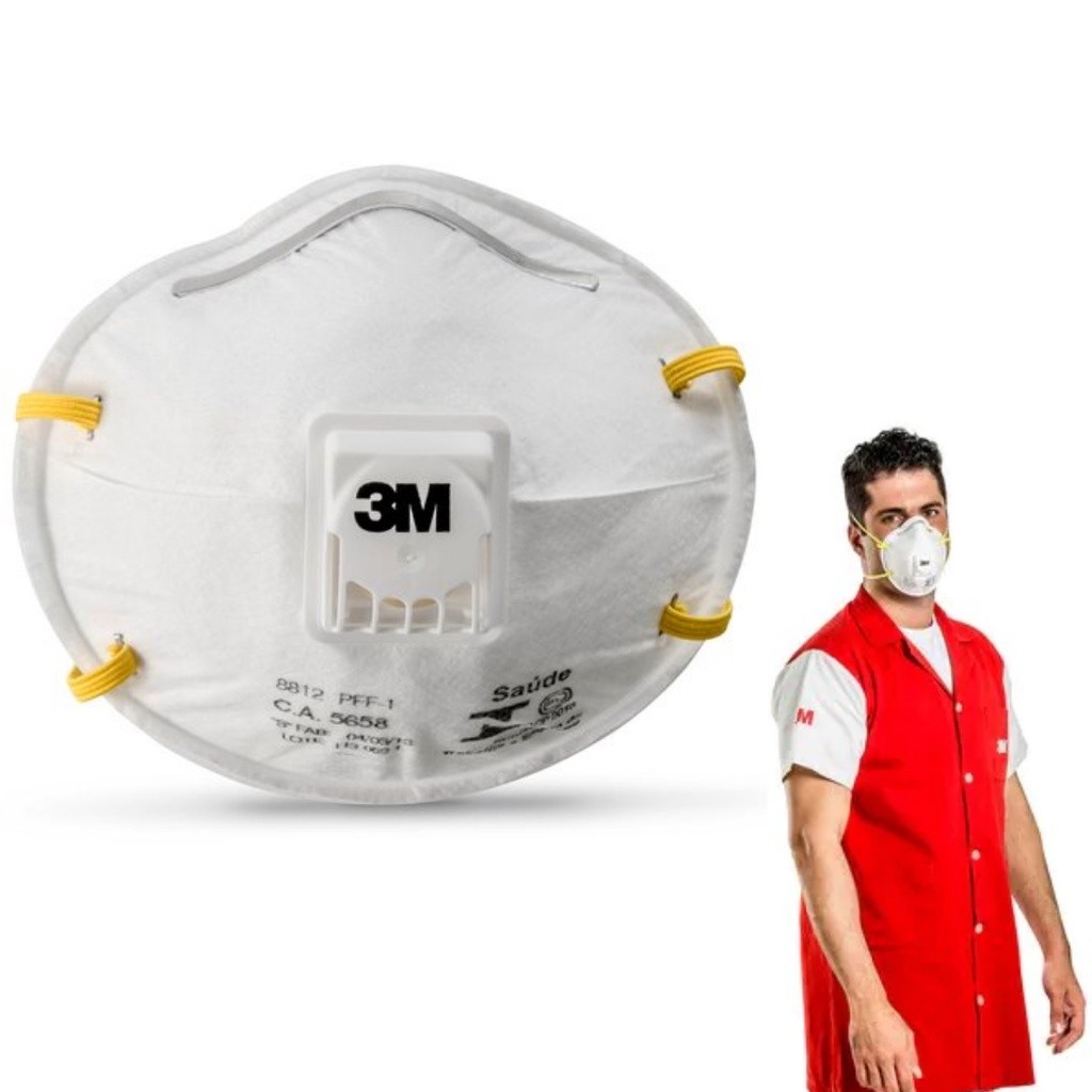 Kit 10 Respirador Branco 3M 8812 Máscara Descartável PFF1 Proteção Respiratória conta Poeiras Névoas Válvula Clipe Nasal
