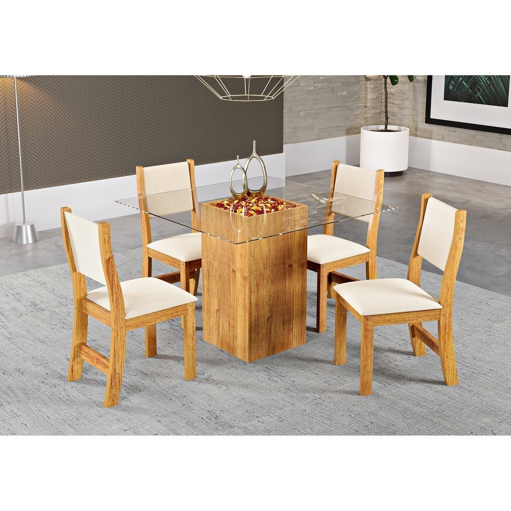 Conjunto Sala de Jantar Mesa Milao Tampo Vidro com 4 Cadeiras Sol - Home & Living