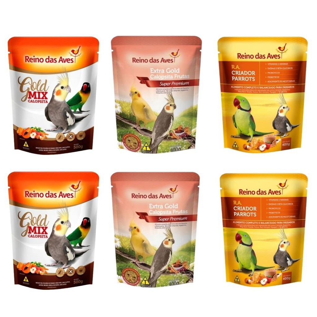 Kit - 2 Gold Mix de Sementes 500g + 2 Ração Extra Gold Calopsita Frutas 400g + 2 Farinhada R.A Criador Parrots 400g