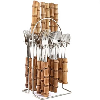 Conjunto Talheres Bambu 24 Pçs com Suporte N2446437 - Quanhe