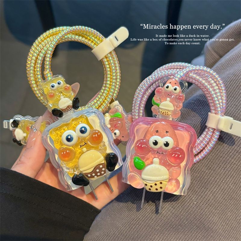 Capa Protetora De Bob Esponja De Desenho Animado 3D Compatível Com Apple 16 Pro Max De Cabo De Carregador 20W Cabeça De 
