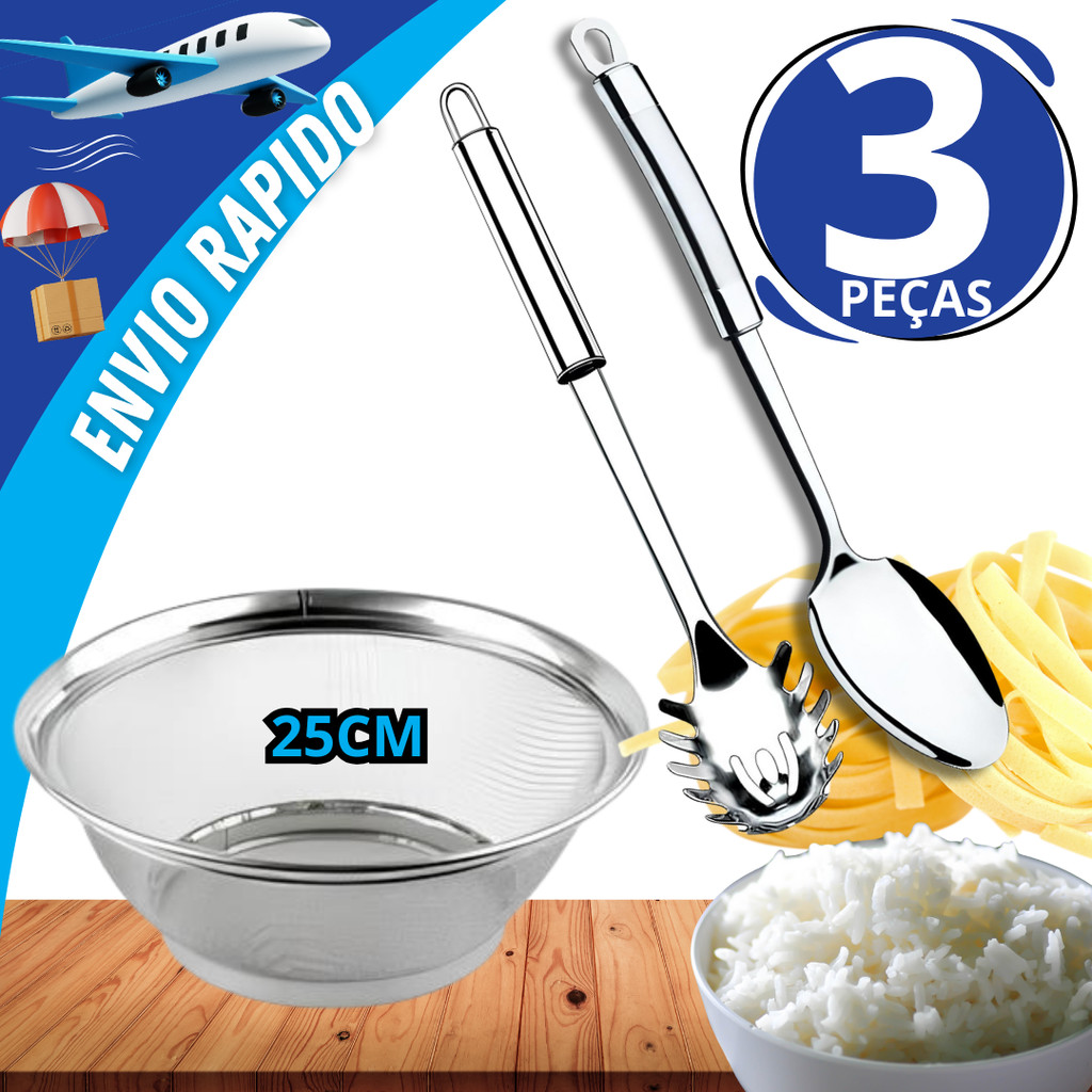 Kit 3 Peças: Pegador de Massas+ Colher arroz + Cesto Inox 25cm Escorredor para Macarrão, Massas e Leguminosas
