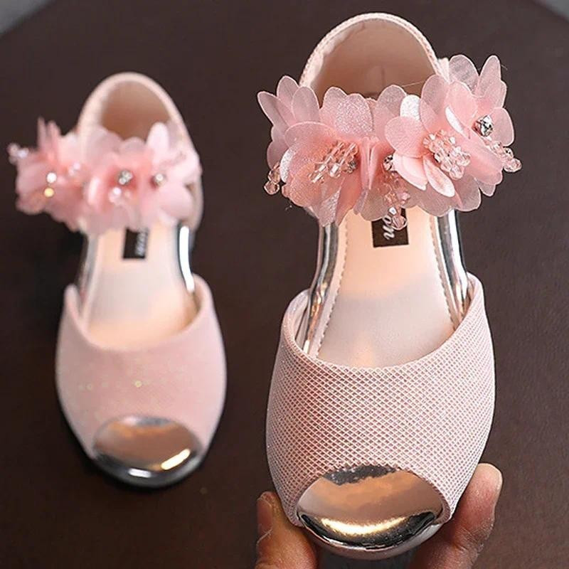 Sandálias Infantil De Verão Novo Estilo Moda Strass Flor Princesa Sapatos Meninas Sola Macia Dança