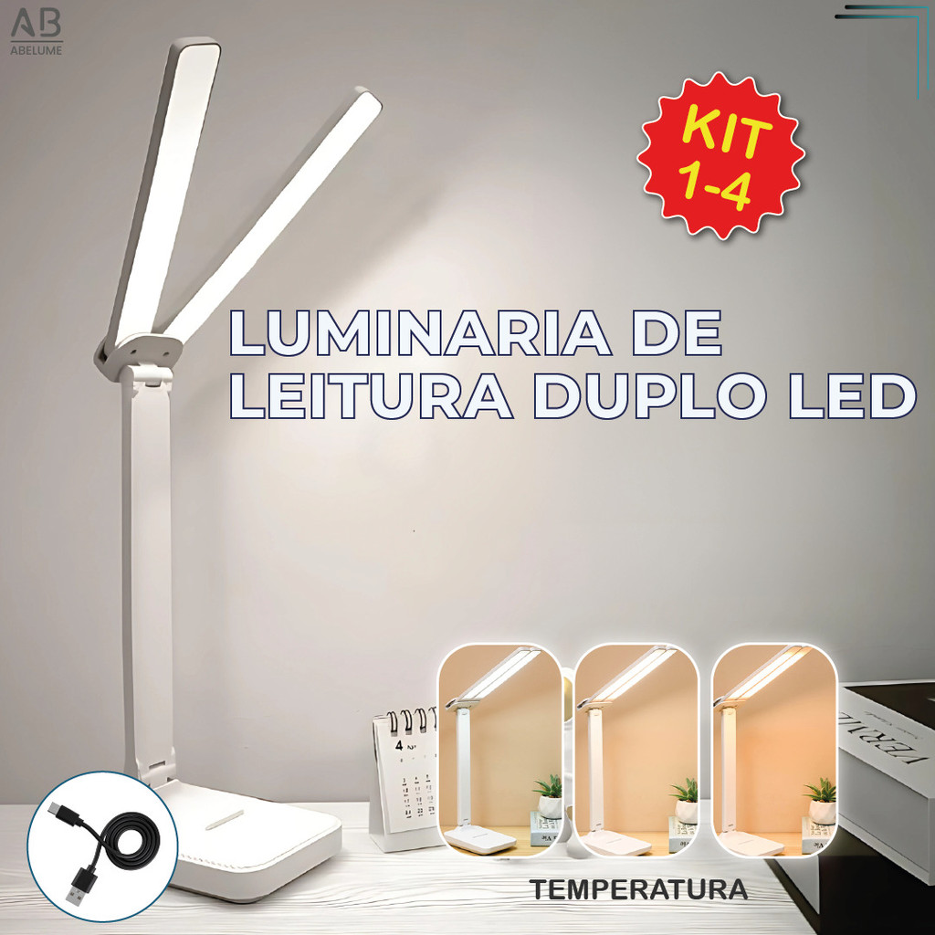 Luminária de Mesa Abajur Led Leitura Dupla 3 Tons de Luz Recarregável USB Portátil Bivolt em Oferta na Shopee