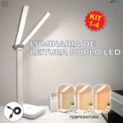 Luminária de Mesa Abajur Led Leitura Dupla 3 Tons de Luz Recarregável USB Portátil Bivolt