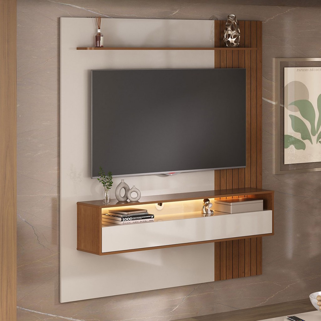 Painel para TV Até 65 Polegadas Matisse Frisado 1 Porta Basculante Cinamomo/Off White - Artely em Oferta na Shopee