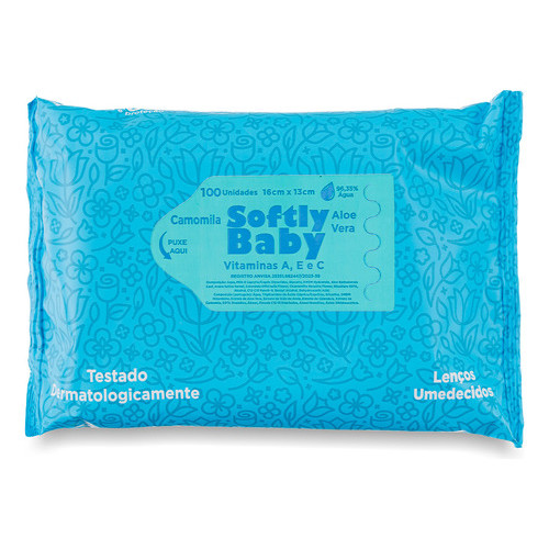 Lenços Umedecidos Higiene Limpeza Banho Bebê Softly Baby 1 pacote com 100 Unidades Vitaminas A C E Aloe Vera Camomila