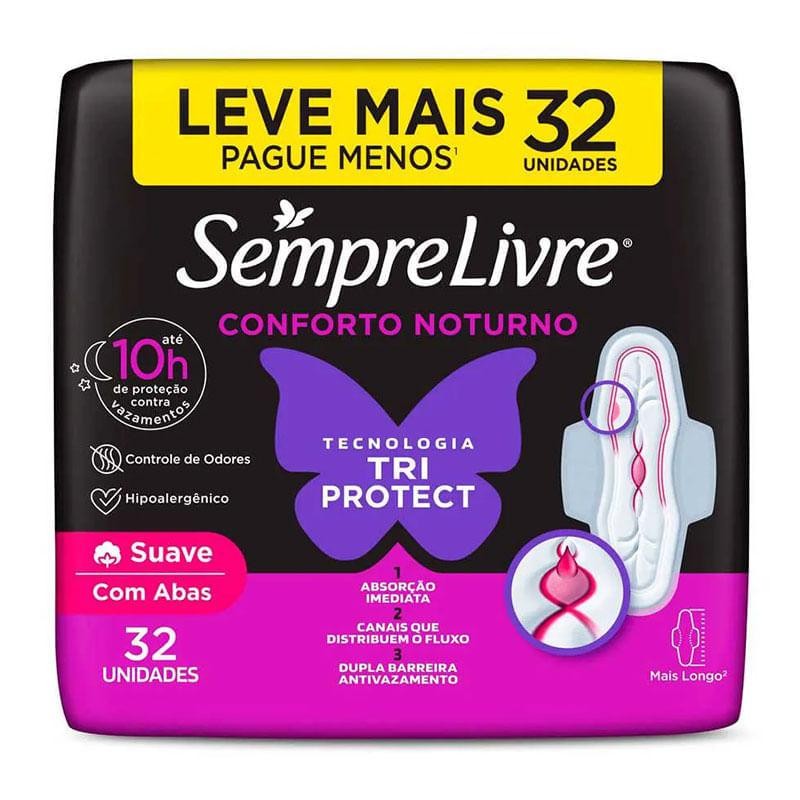 Absorvente Sempre Livre Tri Protect Conforto Noturno com Abas 32 Unidades em Oferta na Shopee